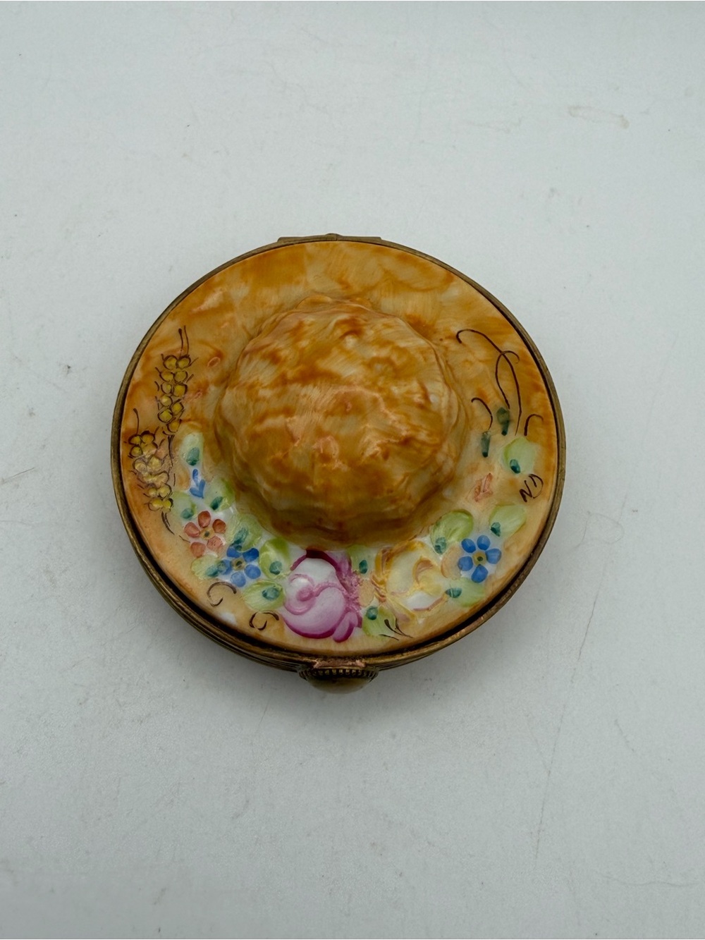 Hand-Painted porcelain Limoges straw Hat  Trinket Box